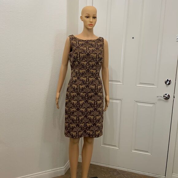 Maggy London Size 8 Tiger Beaded Scoop Neck Short Sleeve Midi Zippered Dress - Picture 1 of 11